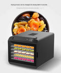 Heavy Duty Six Layer Electric Food Dehydrator For Fresh Fruits Veggies Beef Jerky And Homemade Pet Snacks Featuring Quiet Motor And Fast Dry Modes, with visible drying trays and fruits.