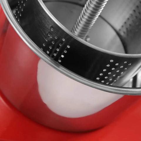 Close-up of Heavy Duty Manual Fruit Wine Press Built Like A Tank food grade stainless steel interior with perforated design.