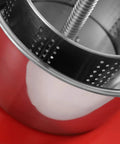 Heavy Duty Stainless Steel Fruit Wine Press 0.8 Gallon Manual Juice Maker interior view showing perforated stainless steel bowl.