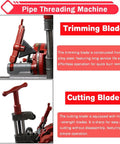 Heavy Duty Electric Pipe Threader Machine For 1/2 To 3 Inch Gas Water Pipes NPT Dies Automatic Retraction 110V Threading And Cutting Tool showing trimming and cutting blades.