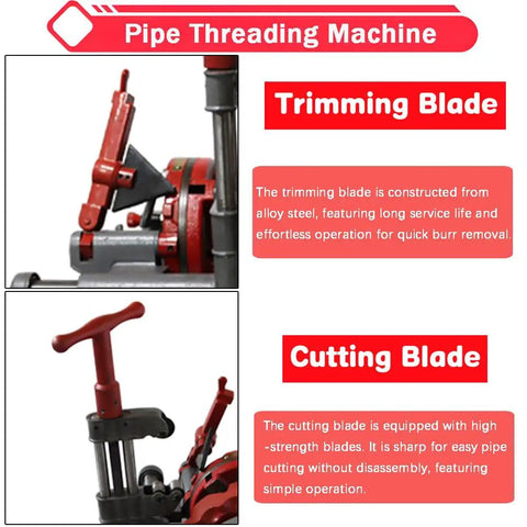 Heavy Duty Electric Pipe Threader Machine For 1/2 To 3 Inch Gas Water Pipes NPT Dies Automatic Retraction 110V Threading And Cutting Tool showing trimming and cutting blades.