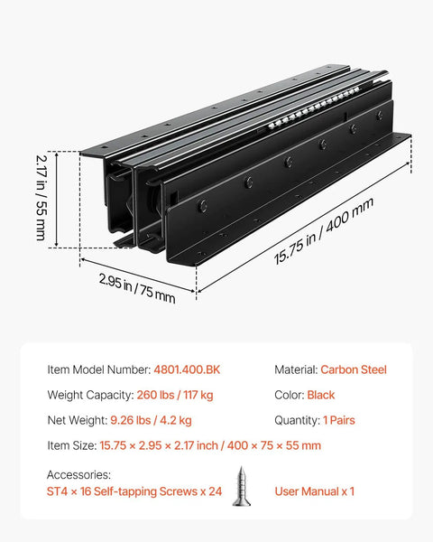 Tough As Nails Undermount Drawer Slides Full Extension Ball Bearing System Designed For Zero Friction Cabinet Travel Rock Solid Weight Support Fast Swap Black Finish with measurements.