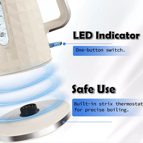 Close-up of LED indicator and one-button switch on beige 1.7L Electric Kettle with Fast Boil 1200W, 360 Degree Cordless Design highlighted.