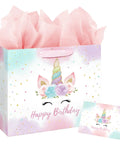 13 Inch Unicorn Birthday Gift Bag With Card And Tissue Paper for Baby Girls and Kids Birthday Bash, Unicorn Design