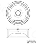 Drawing showing dimensions of Made In USA Chrome Drip Pan Set For Electric Ranges Four Pack Includes Two Six Inch And Two Eight Inch Pans With Eco Plating No Brainer Fit Replaces Whirlpool W10278125 W10196405 W10196406 Fits Maytag Kenmore Sears And More, 9.36-inch diameter highlighted