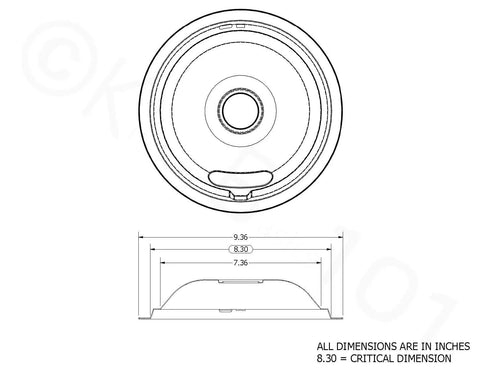 Drawing showing dimensions of Made In USA Chrome Drip Pan Set For Electric Ranges Four Pack Includes Two Six Inch And Two Eight Inch Pans With Eco Plating No Brainer Fit Replaces Whirlpool W10278125 W10196405 W10196406 Fits Maytag Kenmore Sears And More, 9.36-inch diameter highlighted