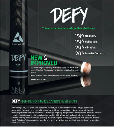 Premium 12Mm Taper Carbon Fiber Shaft Pool Cue With Exotic Wood Butt And Rugged Transport Case For Next Level Aim Killer Shot Consistency And Slam Dunk Billiard Play Everywhere - Defy carbon fiber shaft close-up with detailed branding.