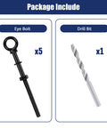 Package contents showing Heavy Duty Black Stainless Steel Eye Bolts With Nuts And Washers Set One Quarter Inch Thread, Drill Bit.