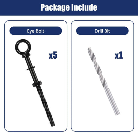 Package contents showing Heavy Duty Black Stainless Steel Eye Bolts With Nuts And Washers Set One Quarter Inch Thread, Drill Bit.