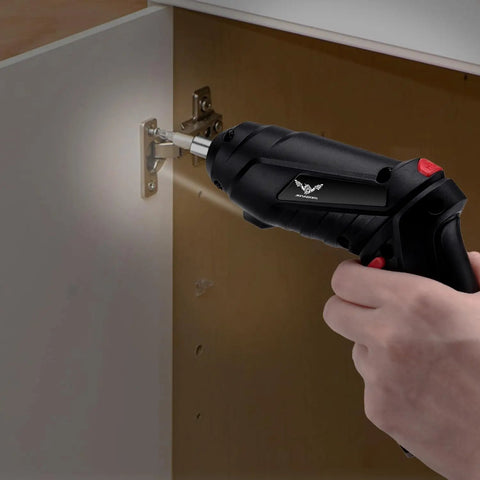 8 In 1 Electric Screwdriver And Cordless Drill With Adjustable Grip and Forward Reverse Toggle For No Sweat Tightening And Rapid Repair Sessions 3.6V Weekend Warrior Tool Set tightening cabinet hinge with LED light.