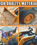 Close-up of Dope One Fourteenth Scale RC Wheel Loader components: bucket with sand, tire, cabin, and body detail shot.