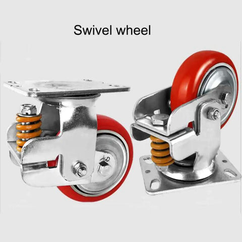 Heavy Duty Spring Loaded Caster Wheels With Swivel Brake System And Tough Polyurethane Tires For No Sweat Floor Mobility showcasing red PU wheels.
