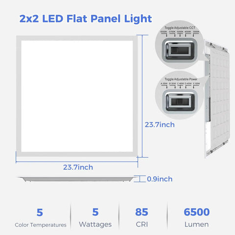 Two Pack 2 By 2 LED Flat Panel Lights Dimmable Lay In Recessed Ceiling Panels 120 277V 30 50W 5 CCT Options 3000K To 6500K Ultra Bright 6500 Lumens High Efficiency Drop Ceiling Lighting
