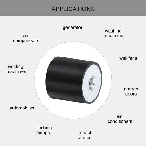 Premium Eight Piece Universal Set Of 20X20mm M5 Thread Female Rubber Mounts And Vibration Isolators with various applications listed.
