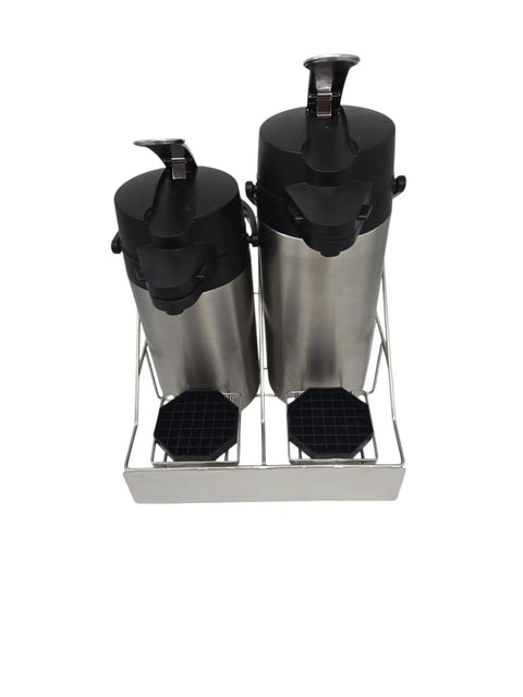 Airpot Beverage Dispenser Stand With Black Drip Trays Pro Grade Durable Coated Metal Rack For Coffee Stations Built To Last Keeps Drinks Handy Mess Free And Looking Sharp In Busy Kitchens. two-airpot stainless steel stand with black drip trays
