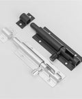 Heavy Duty Sliding Bolt Door Latch Pack Of Two Aluminum Alloy Gate Lock For Barn And Patio Doors Smooth Operator Self Closing Design Silver And Black 4 Inch Slide Bolts Lock Up Safe And Sound image showing matte black and silver slide bolt locks.