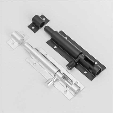 Heavy Duty Sliding Bolt Door Latch Pack Of Two Aluminum Alloy Gate Lock For Barn And Patio Doors Smooth Operator Self Closing Design Silver And Black 4 Inch Slide Bolts Lock Up Safe And Sound image showing matte black and silver slide bolt locks.