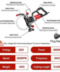 Diagram of Absolute Beast 9500W Brushless Concrete Ring Saw With Titanium Blade, showing features and specs like 3000RPM and splash guard.