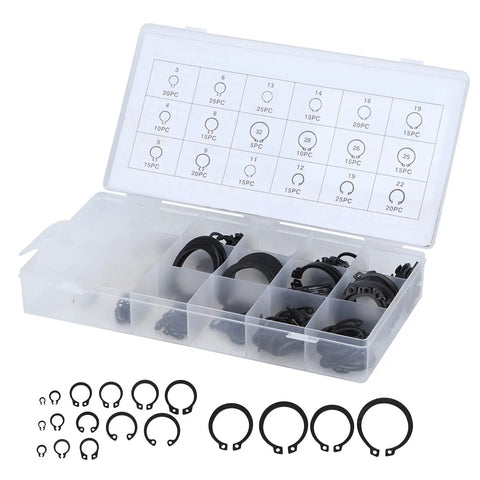 External Circlip Snap Retaining Clip Kit With 2Mm To 32Mm Range, 300Pcs in storage case, used for bearings, gears, pulleys, heavy duty clip set