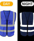 Straight Up Real Deal High Visibility Mesh Safety Vest With Reflective Strips Full Zipper Closure side-by-side day and night view