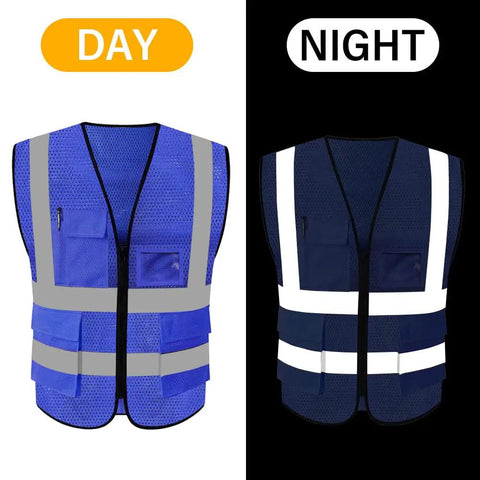 Straight Up Real Deal High Visibility Mesh Safety Vest With Reflective Strips Full Zipper Closure side-by-side day and night view