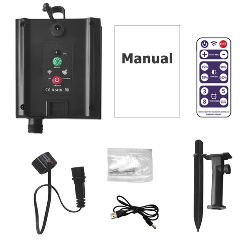 Solar Battery Box For Outdoor LED String Lights With DC Charging And Remote Control, parts spread including manual and accessories