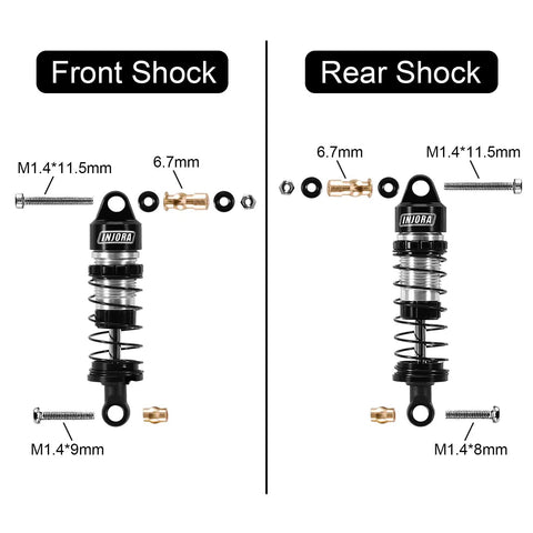 Front and rear view of shocks from Beefed Up Carbon Fiber Front Shock Tower and Aluminum Oil Shocks Upgrade for Losi Micro B and Micro T RC Cars.