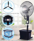 Heavy Duty Outdoor Misting Floor Fan With Adjustable Height And Rolling Wheels To Kick Some Serious Heat For Patios Backyards And Commercial Venues All Summer Long with alloy fan blades and large water tank