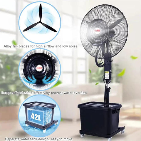 Heavy Duty Outdoor Misting Floor Fan With Adjustable Height And Rolling Wheels To Kick Some Serious Heat For Patios Backyards And Commercial Venues All Summer Long with alloy fan blades and large water tank