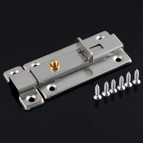 304 Stainless Steel Hasp Gate Lock Door Window Sliding Latch Handle with screws on black background.