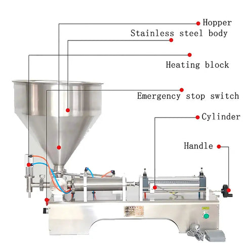 Top Notch Pneumatic Liquid Filling Machine With 30 Liter Hopper And Single Nozzle Piston Head showing stainless steel body and key components.