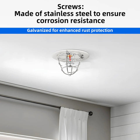 10 Pack Half Inch Zinc Plated Steel Fire Sprinkler Head Guards With Stainless Mounting Hardware display mounted on ceiling.