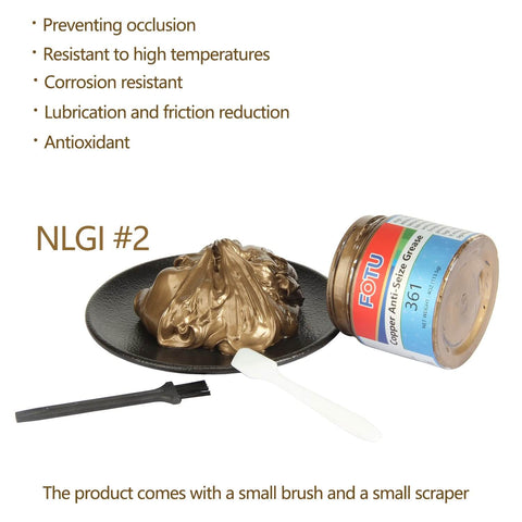 Workhorse High Temperature Copper Anti Seize Thread Lubricant shown with brush, scraper, open jar on a black plate, rust resistant