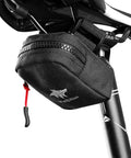 Compact Under Seat Cycling Saddle Bag For Road Bikes With Easy Access Zipper Keeps Your Ride Clutter Free Durable Water Resistant Storage Lightweight Secure Mount Handy On The Go For Essentials mounted under a bike saddle.