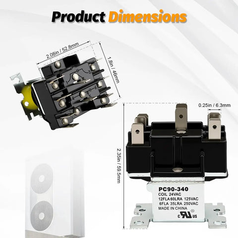 Dimensions diagram of DPDT 24V General Purpose Switching Relay For HVAC And Furnace Control Replaces R8222D1014