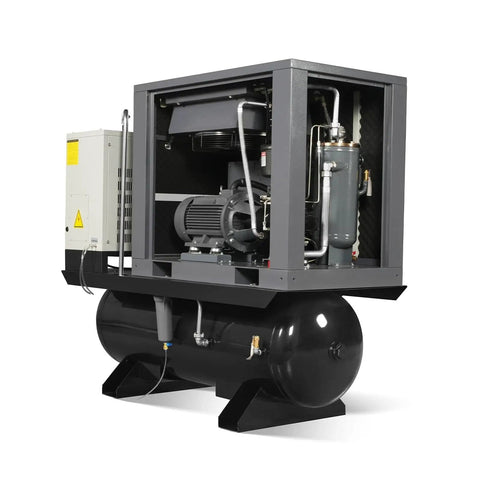 Beefy 20HP Rotary Screw Air Compressor With Dryer And 105 Gallon ASME Tank, 78 CFM At 116 PSI, 230V 3-Phase, side view