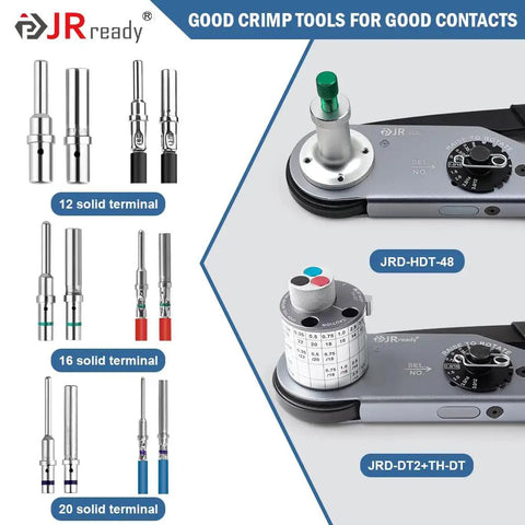 Deutsch Pin Kit 12 16 20 Size Male And Female Terminals with crimping tools JRD-HDT-48 and JRD-DT2+TH-DT displayed