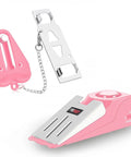 Pocket Door Lock And Alarm Dual Protection For Hotels And Travel Stays Pink Portable Door Stop Self Defense Tool shown in pink