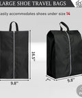 Must Have Travel Shoe Bags Set of 4 Large Waterproof Lightweight Organizers with Zipper for Men and Women, black, size dimensions shown.