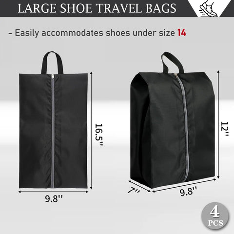 Must Have Travel Shoe Bags Set of 4 Large Waterproof Lightweight Organizers with Zipper for Men and Women, black, size dimensions shown.