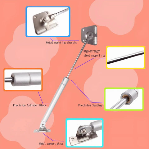 Heavy Duty 2 Pack 6 Inch Drop Down Gas Struts with metal chassis and support rod for flip-down doors and cabinets.