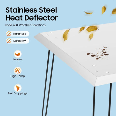 Fire Pit Heat Deflector 24x24x24 Inch Stainless Steel Burner Cover with leaves, bird droppings, hardness features.