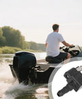 Replacement Fuel Connector For Outboard Boats Made From Plastic And Aluminum Plug And Play Fuel Line Fitting for 4 to 140 HP Motors Durable Leak Proof Performance Designed To Fit A Wide Range Of Marine Outboard Engines And Boats showing a close-up of the connector and a person on a boat in the background.