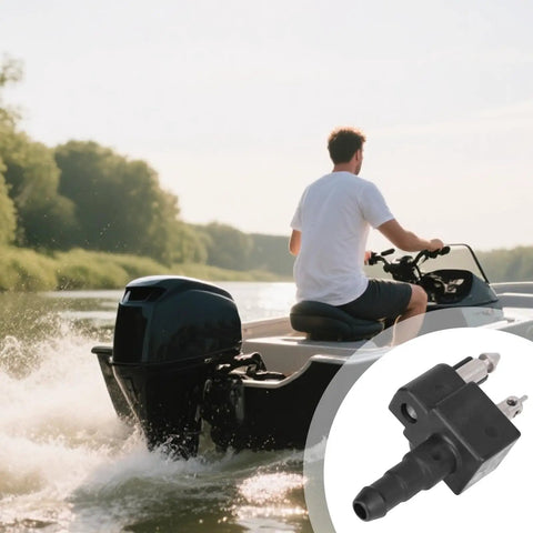 Replacement Fuel Connector For Outboard Boats Made From Plastic And Aluminum Plug And Play Fuel Line Fitting for 4 to 140 HP Motors Durable Leak Proof Performance Designed To Fit A Wide Range Of Marine Outboard Engines And Boats showing a close-up of the connector and a person on a boat in the background.