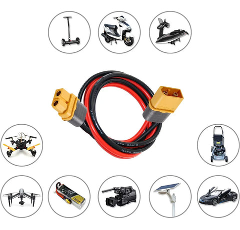 14 Gauge 10ft XT60 Extension Cable With Male To Female Connectors, surrounded by various RC models and devices.