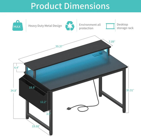 40 Inch Black Gaming Desk With LED Lights And Built In Power Outlets USB Ports Monitor Stand And Charging Station dimensions