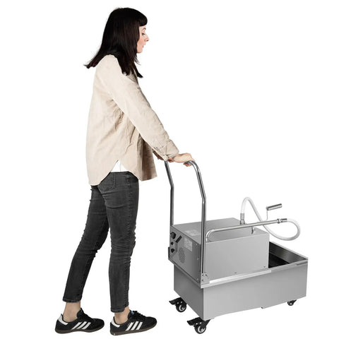 Heavy Duty Commercial Mobile Fryer Filter Cart With 55 Gallon Capacity And Stainless Steel Build, operated by a woman.