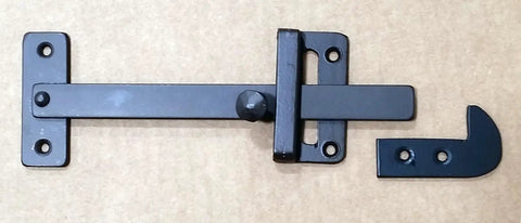 Heavy Duty Rectangular Gate Thumb Latch With Dead Simple Two Way Throw Rock Solid Steel Construction And Smooth Black Powder Coat Exterior, top view.