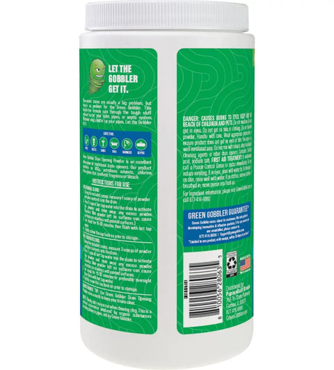 Back label of 'Drain Clog Remover Powder For Kitchen And Bath, Breaks Up Grease Paper Fat And Oil, Septic Safe, 20 Plus Treatments' jar