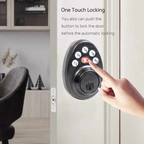 User pressing keypad on Oil Rubbed Bronze Front Door Lock Set With Keyless Entry And Handle Electronic Keypad Deadbolt Smart Lock